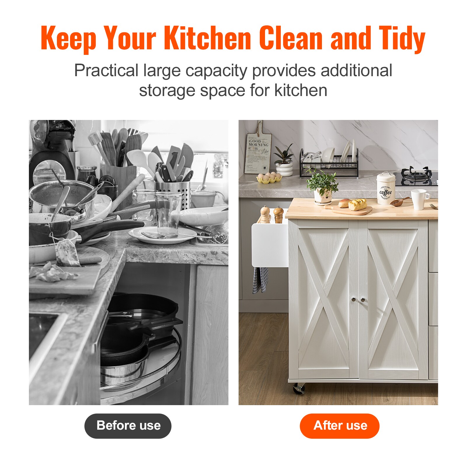 Kitchen Island With Solid Wood Top And Storage Cabinet On Wheels_voghion.com